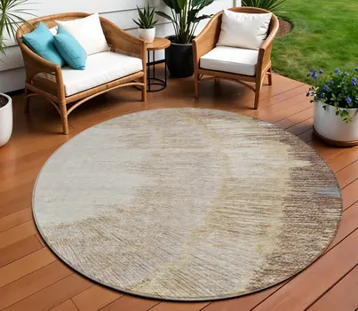 8' Brown Beige And Taupe Round Abstract Washable Indoor Outdoor Area Rug