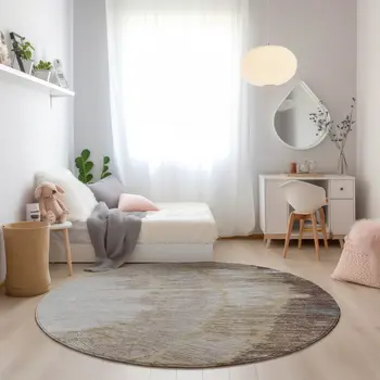 8' Brown Beige And Taupe Round Abstract Washable Indoor Outdoor Area Rug