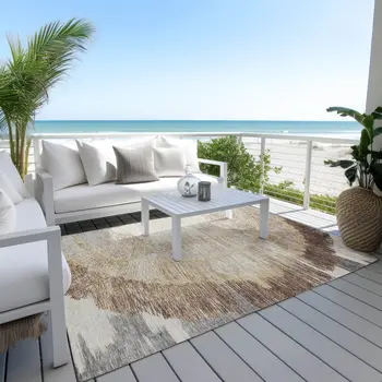 9' X 12' Brown Beige And Taupe Abstract Washable Indoor Outdoor Area Rug