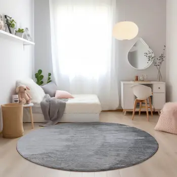 8' Gray Charcoal And Silver Round Abstract Washable Indoor Outdoor Area Rug