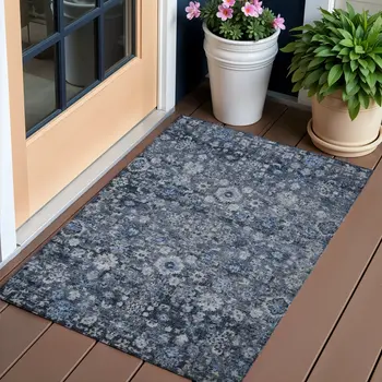 3' X 5' Navy Blue And Sky Blue Oriental Washable Indoor Outdoor Area Rug