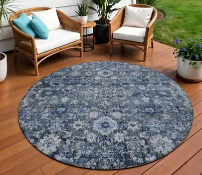 8' Navy Blue And Sky Blue Round Oriental Washable Indoor Outdoor Area Rug
