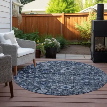 8' Navy Blue And Sky Blue Round Oriental Washable Indoor Outdoor Area Rug
