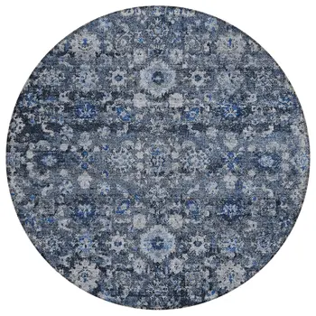 8' Navy Blue And Sky Blue Round Oriental Washable Indoor Outdoor Area Rug