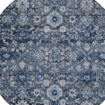 8' Navy Blue And Sky Blue Round Oriental Washable Indoor Outdoor Area Rug