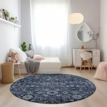 8' Navy Blue And Sky Blue Round Oriental Washable Indoor Outdoor Area Rug
