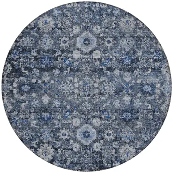8' Navy Blue And Sky Blue Round Oriental Washable Indoor Outdoor Area Rug