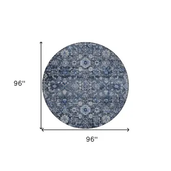 8' Navy Blue And Sky Blue Round Oriental Washable Indoor Outdoor Area Rug