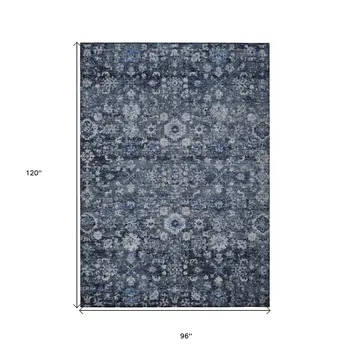 8' X 10' Navy Blue And Sky Blue Oriental Washable Indoor Outdoor Area Rug