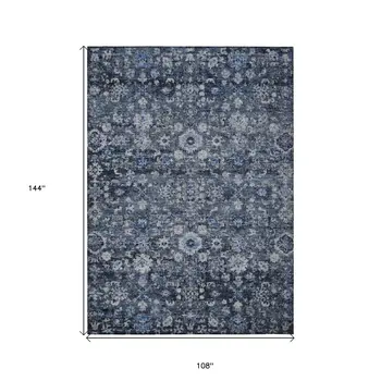 9' X 12' Navy Blue And Sky Blue Oriental Washable Indoor Outdoor Area Rug