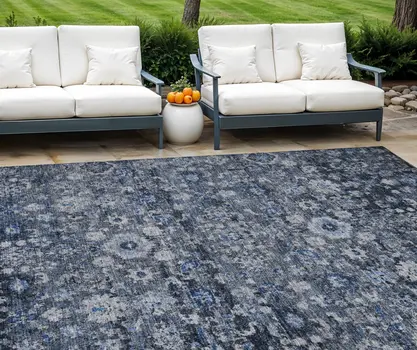 9' X 12' Navy Blue And Sky Blue Oriental Washable Indoor Outdoor Area Rug