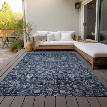 9' X 12' Navy Blue And Sky Blue Oriental Washable Indoor Outdoor Area Rug