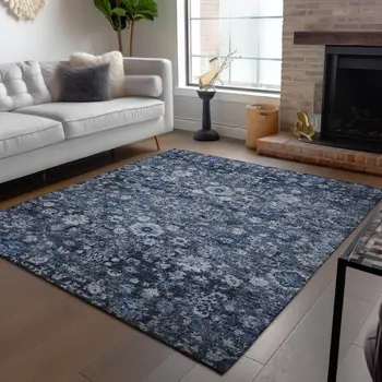 10' X 14' Navy Blue And Sky Blue Oriental Washable Indoor Outdoor Area Rug