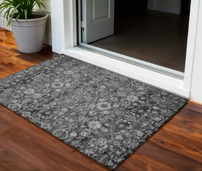 3' X 5' Gray Charcoal And Silver Oriental Washable Indoor Outdoor Area Rug