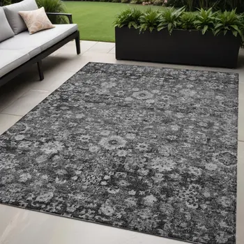 5' X 8' Gray Charcoal And Silver Oriental Washable Indoor Outdoor Area Rug