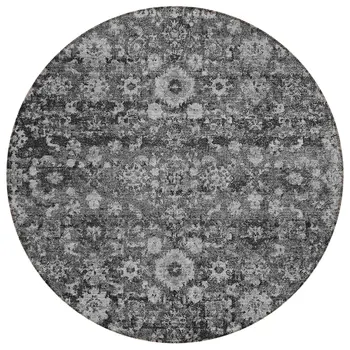 8' Gray Charcoal And Silver Round Oriental Washable Indoor Outdoor Area Rug