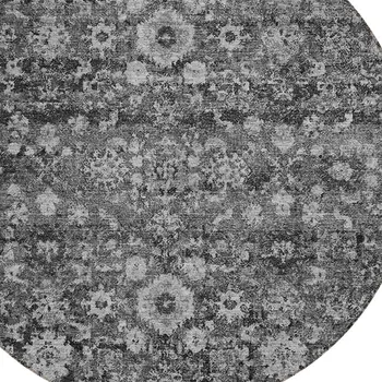 8' Gray Charcoal And Silver Round Oriental Washable Indoor Outdoor Area Rug