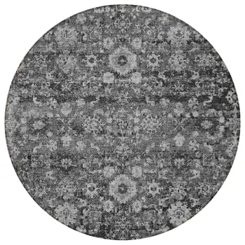 8' Gray Charcoal And Silver Round Oriental Washable Indoor Outdoor Area Rug