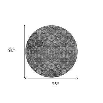 8' Gray Charcoal And Silver Round Oriental Washable Indoor Outdoor Area Rug