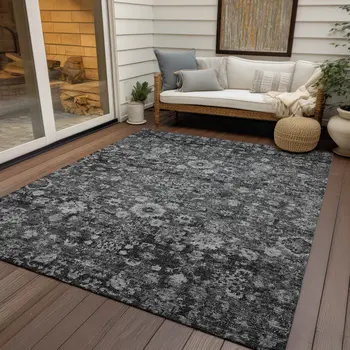 8' X 10' Gray Charcoal And Silver Oriental Washable Indoor Outdoor Area Rug