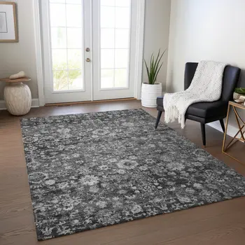 9' X 12' Gray Charcoal And Silver Oriental Washable Indoor Outdoor Area Rug