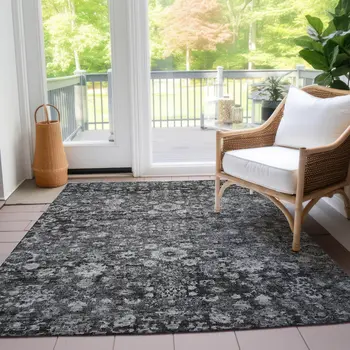 9' X 12' Gray Charcoal And Silver Oriental Washable Indoor Outdoor Area Rug