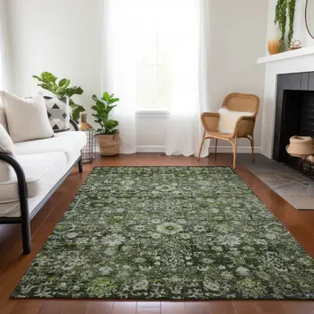 3' X 5' Green And Olive Green Oriental Washable Indoor Outdoor Area Rug