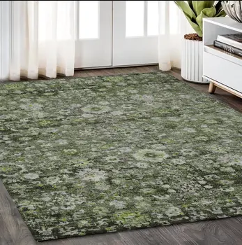 5' X 8' Green And Olive Green Oriental Washable Indoor Outdoor Area Rug
