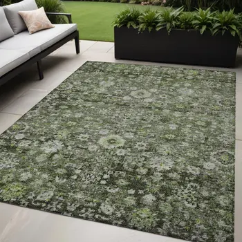 5' X 8' Green And Olive Green Oriental Washable Indoor Outdoor Area Rug