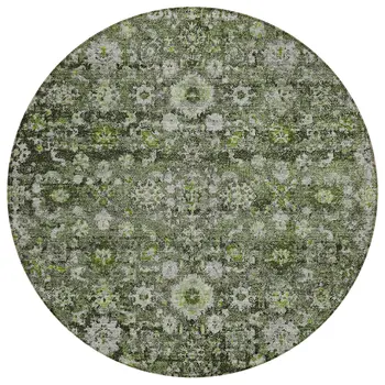 8' Green And Olive Green Round Oriental Washable Indoor Outdoor Area Rug