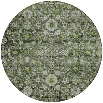 8' Green And Olive Green Round Oriental Washable Indoor Outdoor Area Rug