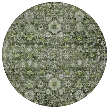 8' Green And Olive Green Round Oriental Washable Indoor Outdoor Area Rug