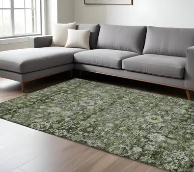 10' X 14' Green And Olive Green Oriental Washable Indoor Outdoor Area Rug