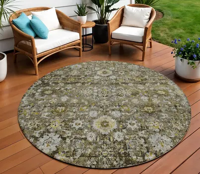 8' Brown And Beige Round Oriental Washable Indoor Outdoor Area Rug