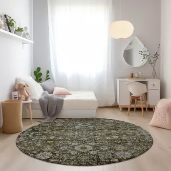 8' Brown And Beige Round Oriental Washable Indoor Outdoor Area Rug