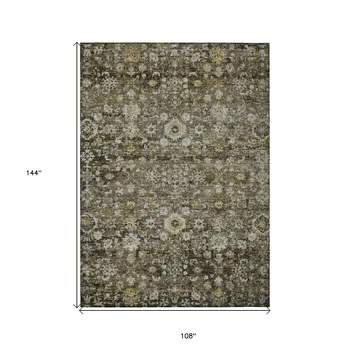 9' X 12' Brown And Beige Oriental Washable Indoor Outdoor Area Rug