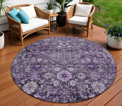 8' Purple Lilac And Lavender Round Oriental Washable Indoor Outdoor Area Rug