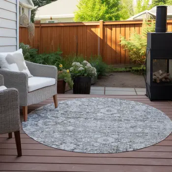8' Silver Gray And Pewter Round Oriental Washable Indoor Outdoor Area Rug