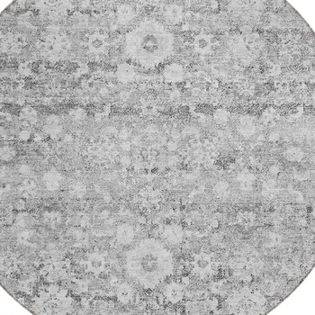 8' Silver Gray And Pewter Round Oriental Washable Indoor Outdoor Area Rug