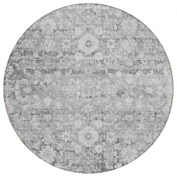 8' Silver Gray And Pewter Round Oriental Washable Indoor Outdoor Area Rug