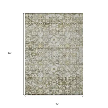 5' X 8' Taupe Beige And Gold Oriental Washable Indoor Outdoor Area Rug