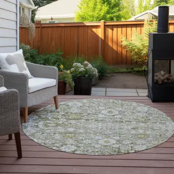 8' Taupe Beige And Gold Round Oriental Washable Indoor Outdoor Area Rug