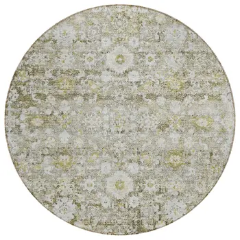 8' Taupe Beige And Gold Round Oriental Washable Indoor Outdoor Area Rug