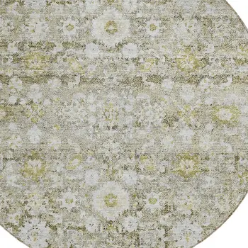 8' Taupe Beige And Gold Round Oriental Washable Indoor Outdoor Area Rug