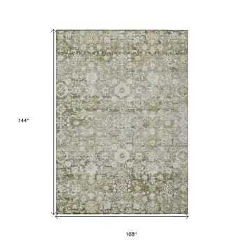 9' X 12' Taupe Beige And Gold Oriental Washable Indoor Outdoor Area Rug