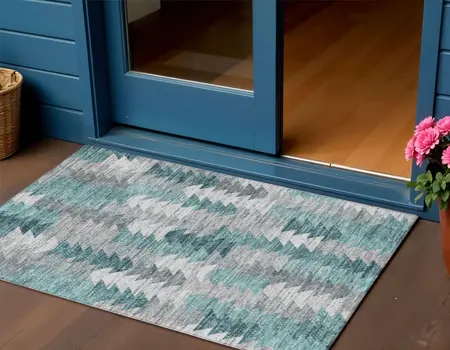 3' X 5' Dark Blue Aqua And Gray Geometric Washable Indoor Outdoor Area Rug