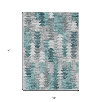 5' X 8' Dark Blue Aqua And Gray Geometric Washable Indoor Outdoor Area Rug