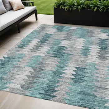 5' X 8' Dark Blue Aqua And Gray Geometric Washable Indoor Outdoor Area Rug