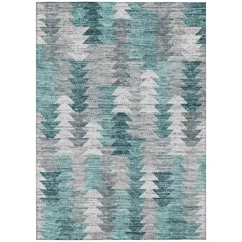 5' X 8' Dark Blue Aqua And Gray Geometric Washable Indoor Outdoor Area Rug