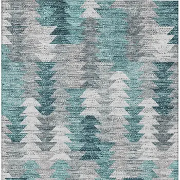 9' X 12' Dark Blue Aqua And Gray Geometric Washable Indoor Outdoor Area Rug